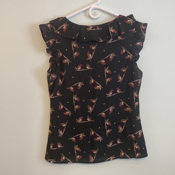 Banana Republic Black and Bird Print Ruffle Blouse, Size Medium - Picture 2 of 10